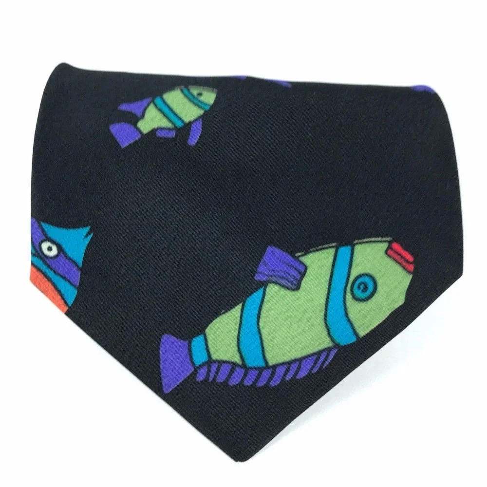Handmade Black Colorful Fish Tie Sea Animal Art Artistic Men's Necktie 3.5 x 55